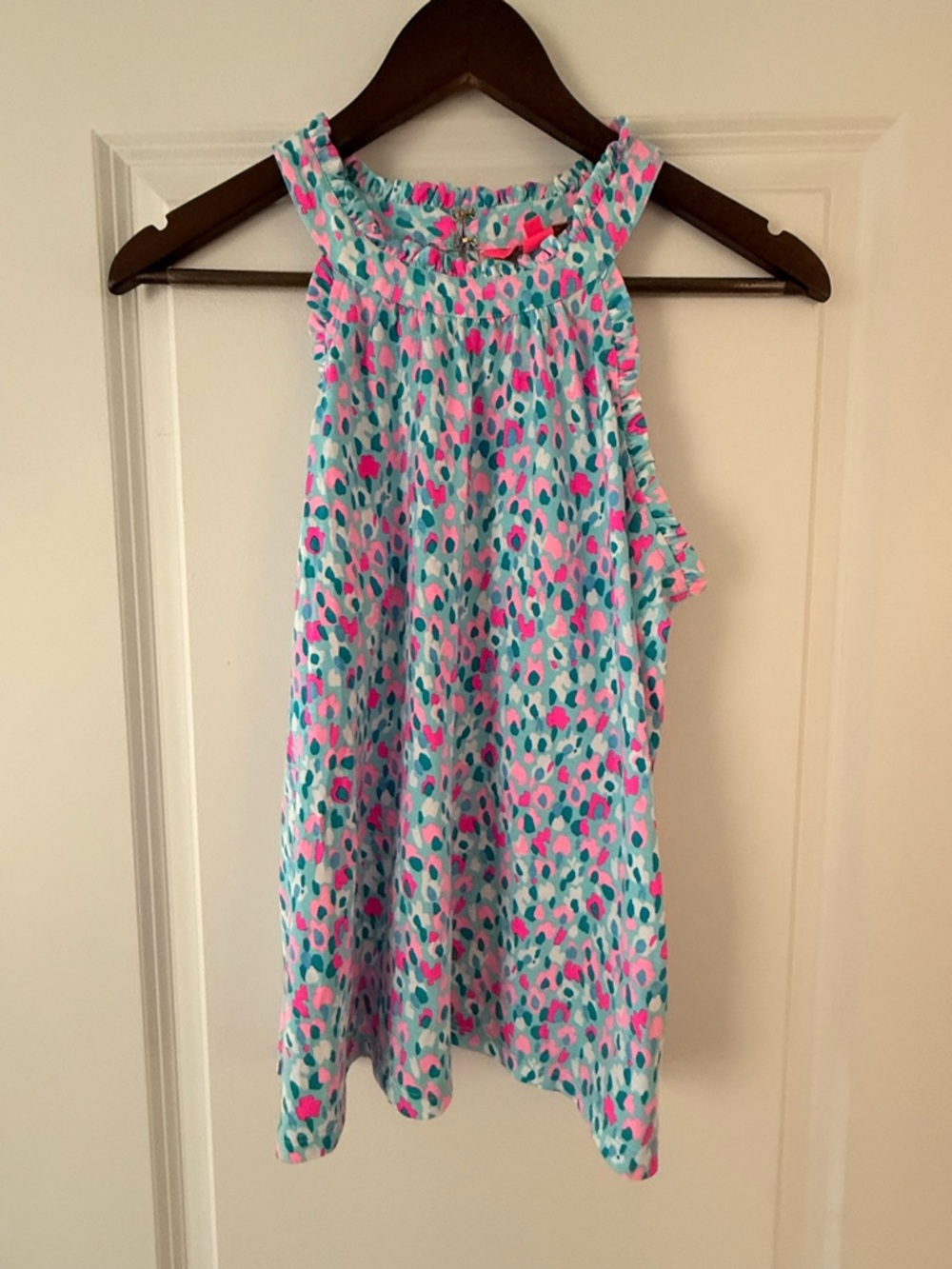 Lilly Pulitzer SZ S Sleeveless Ruffled Blouse - Aqua, Pink & White Spot Print